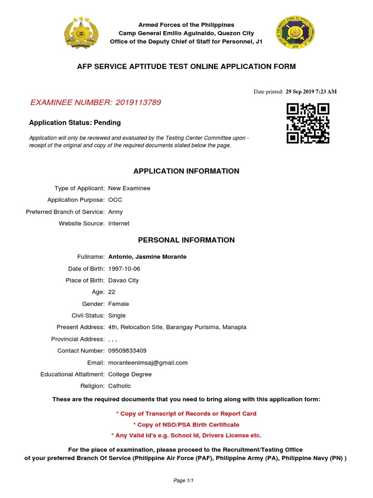 EXAMINEE NUMBER: 2019113789: Afp Service Aptitude Test Online ...