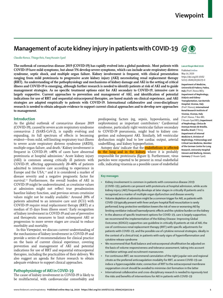 Management of Acute Kidney Injury in Patients With COVID19 (Lancet Respir Med 20) PDF PDF