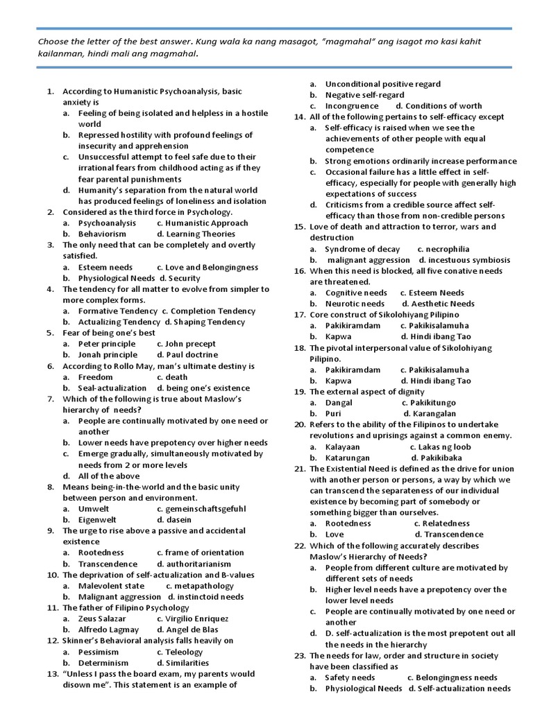Pre and Post Test (Psychology) | PDF | Reinforcement | Self Actualization