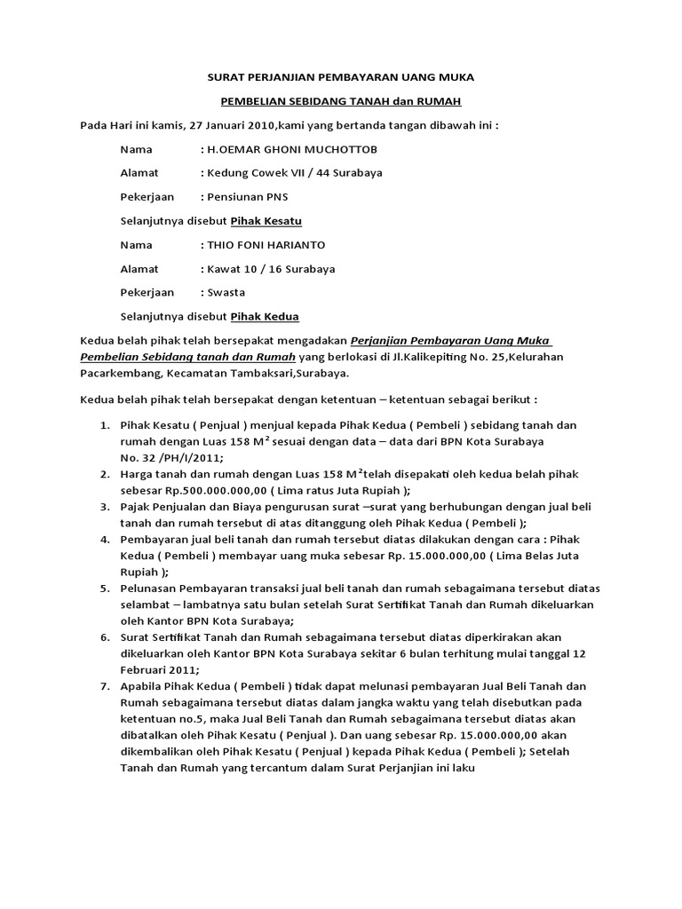 Surat Perjanjian Pembayaran Uang Muka Pdf