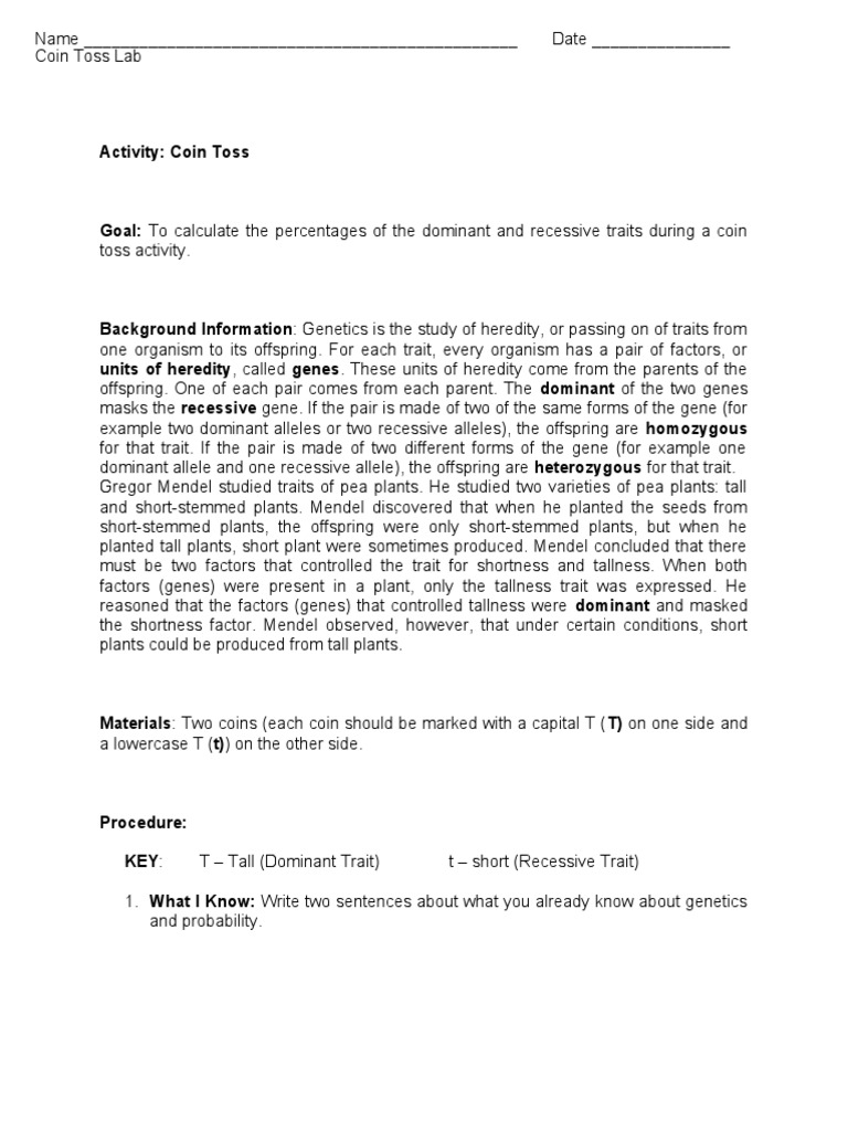 Coin Toss Lab | PDF | Dominance (Genetics) | Zygosity