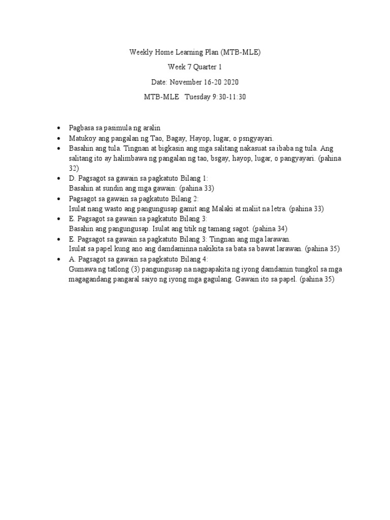 Weekly Home Learning Plan Week 7 | PDF