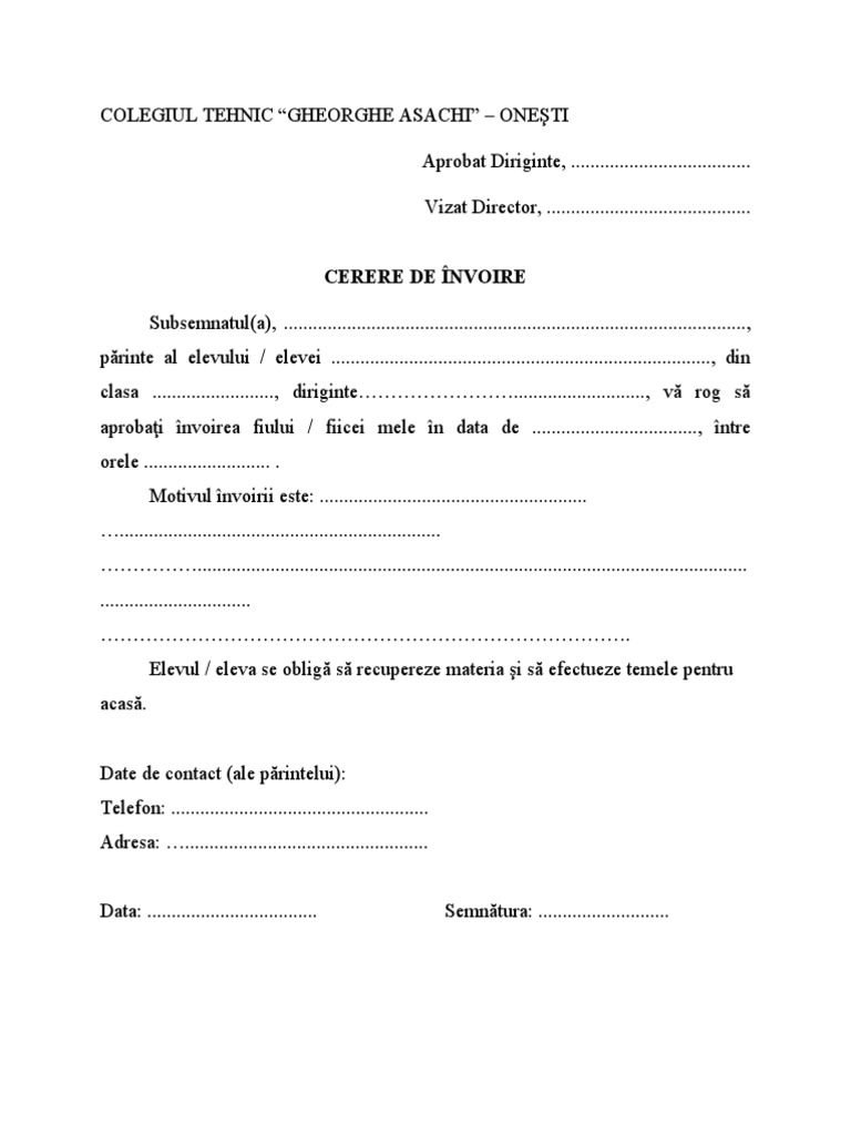 Cerere Invoire Elev | PDF