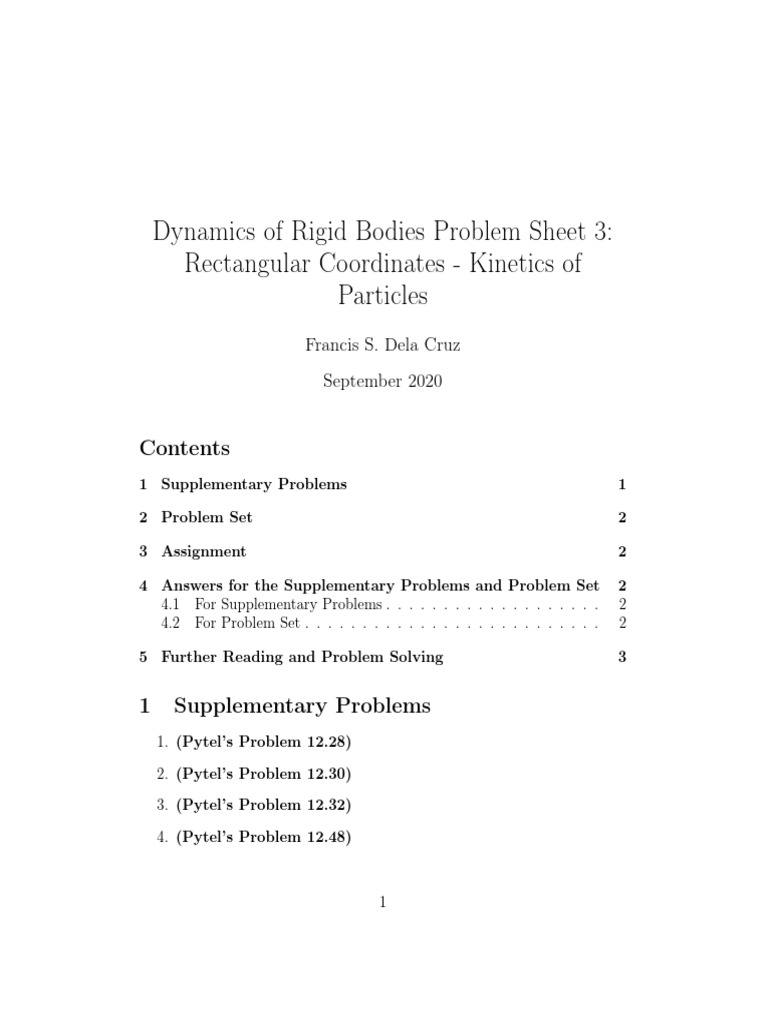 Dynamics Of Rigid Bodies Problem Sheet 3 Rectangular Coordinates