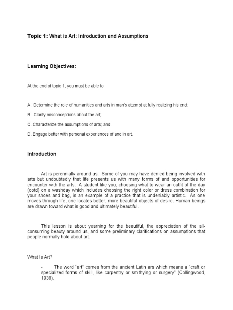 Topic 1 - What Is Art - Introduction and Assumptions | PDF | Experience ...