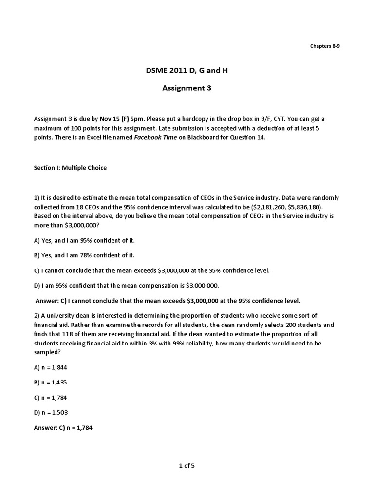 DSME 2011 D, G and H Assignment 3 Section I Multiple Choice PDF