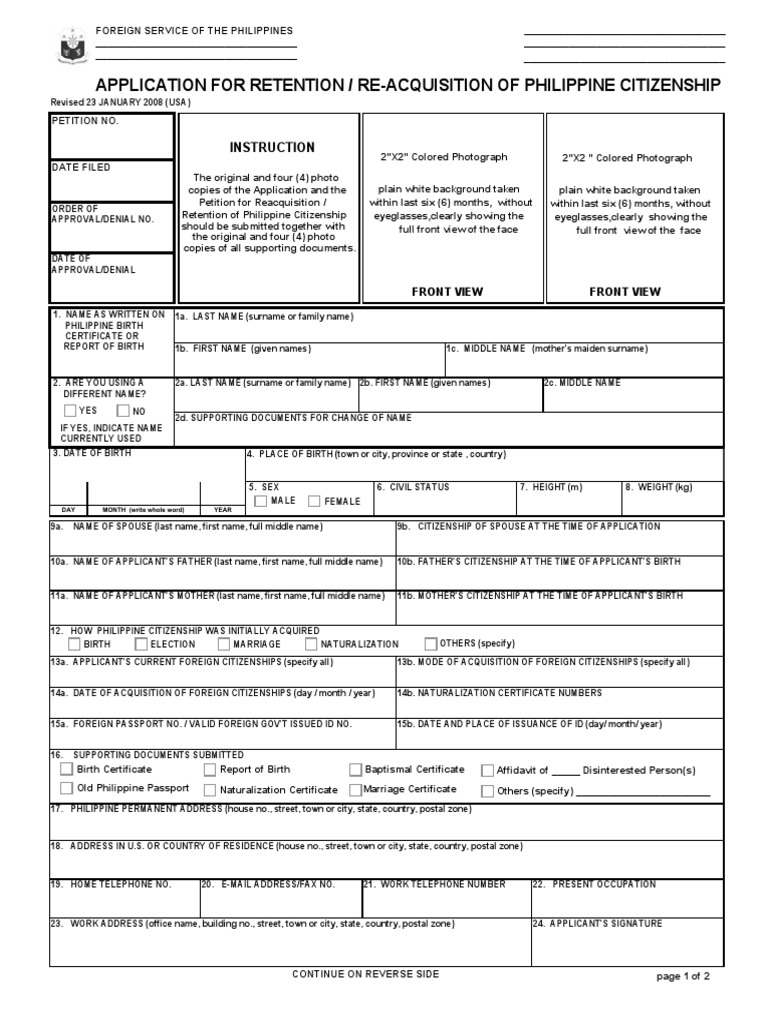 Philippine Citizenship Application Form | PDF | Naturalization | Birth ...