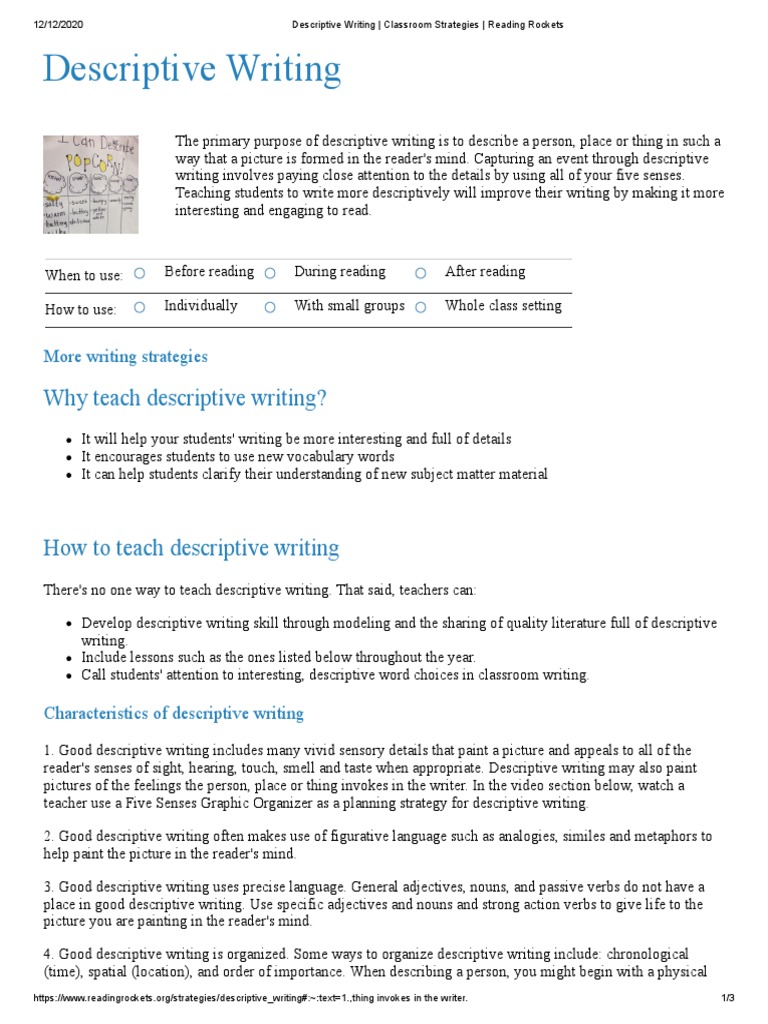 Descriptive Writing Classroom Strategies Reading Rockets PDF