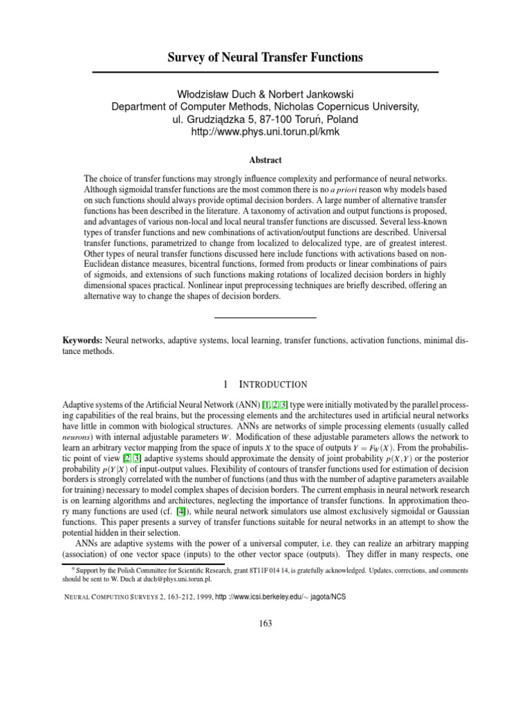Survey of Neural Transfer Functions | PDF | Artificial Neural Network ...