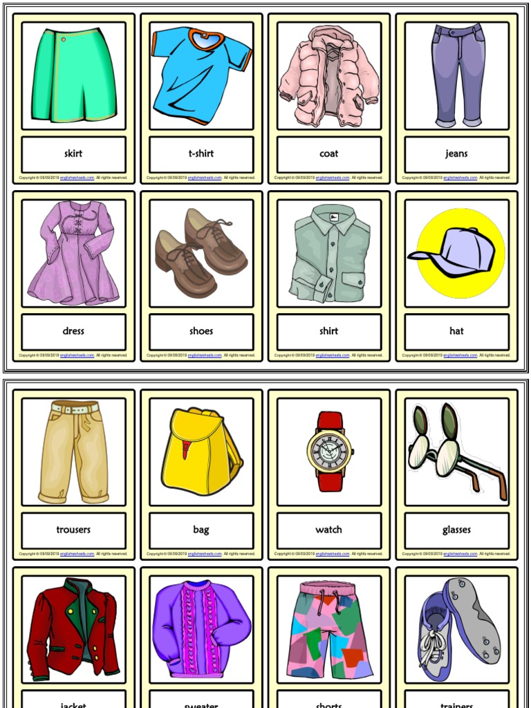 Clothes and Accessories Vocabulary Esl Printable Learning Cards For Kids, PDF, Sweater
