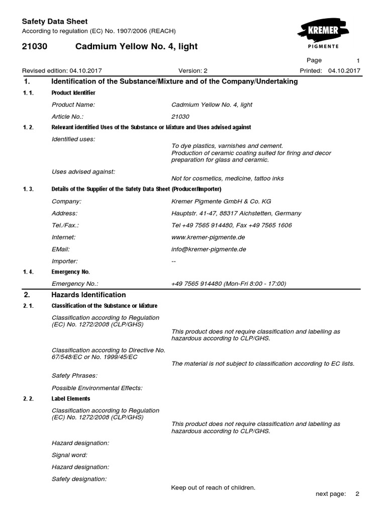 Cadmium Yellow No. 4, Light Safety Data Sheet PDF Dangerous Goods