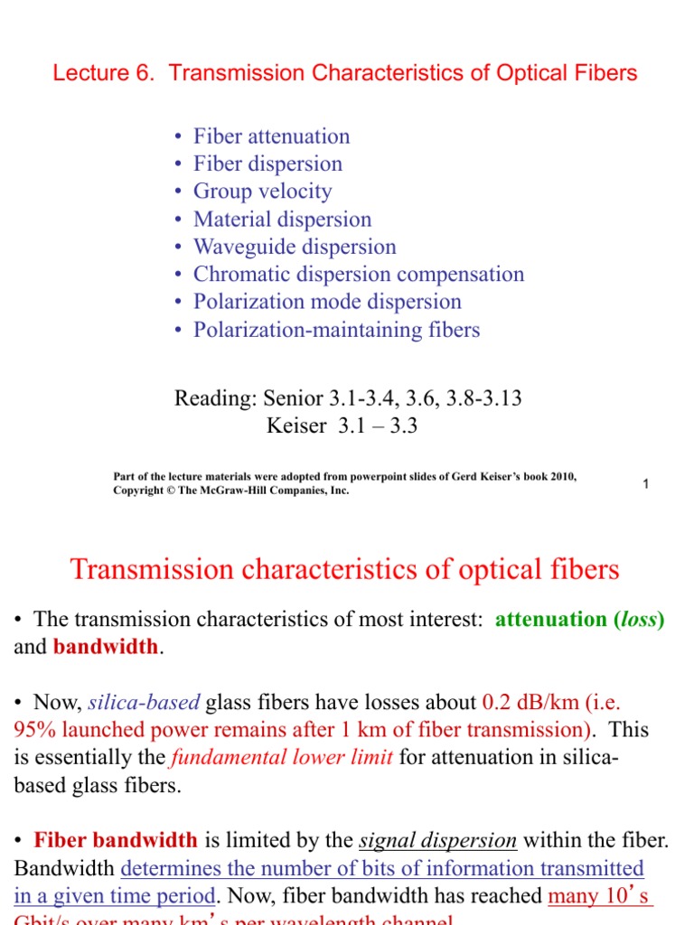 Lecture 6. Transmission Characteristics of Optical Fibers - Fiber PDF ...