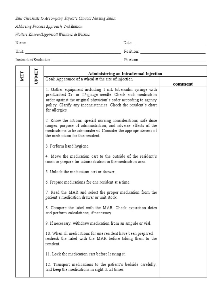 Intradermal Injection Skill Checklist | PDF | Injection (Medicine ...