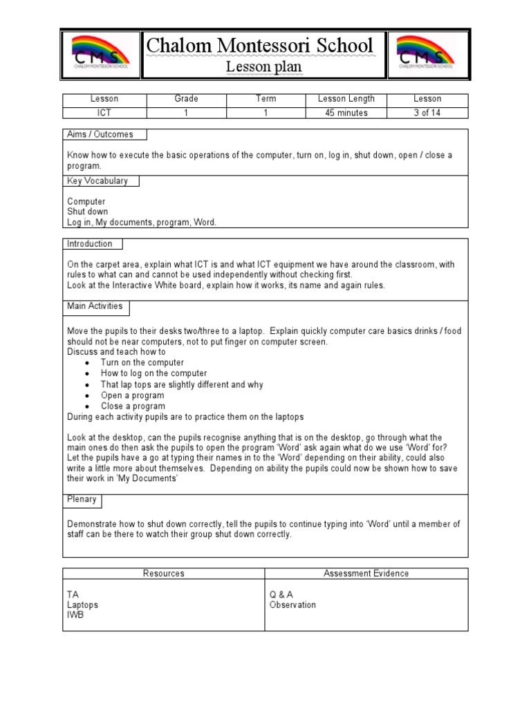 Chalom Montessori School: Lesson Plan | PDF