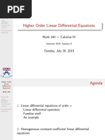 Higher Order Linear Differential Equations: Math 240 - Calculus III