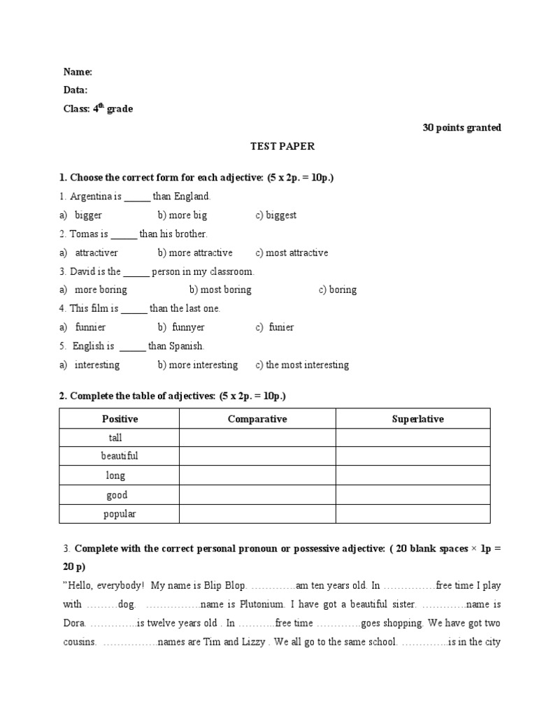 Name: Data: Class: 4 Grade 30 Points Granted Test Paper 1. Choose The ...