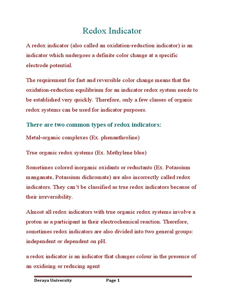 Redox Indicator There Are Two Common Types of Redox Indicators PDF Redox Titration