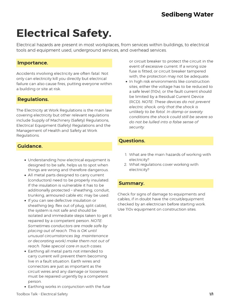 Electrical Safety Toolbox Talk Guide | PDF | Insulator (Electricity ...
