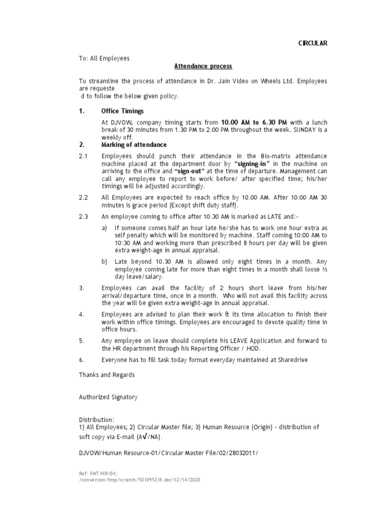 Circular About Office Timing PDF Business Employment