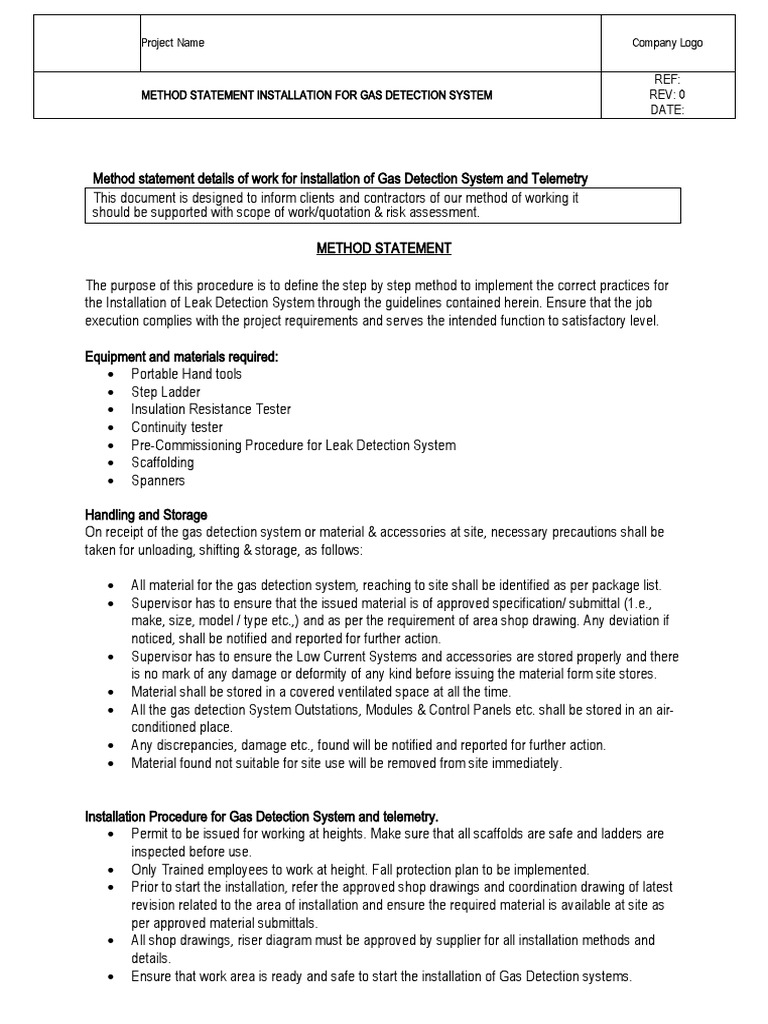 Installation Method Statement for a Gas Detection System PDF