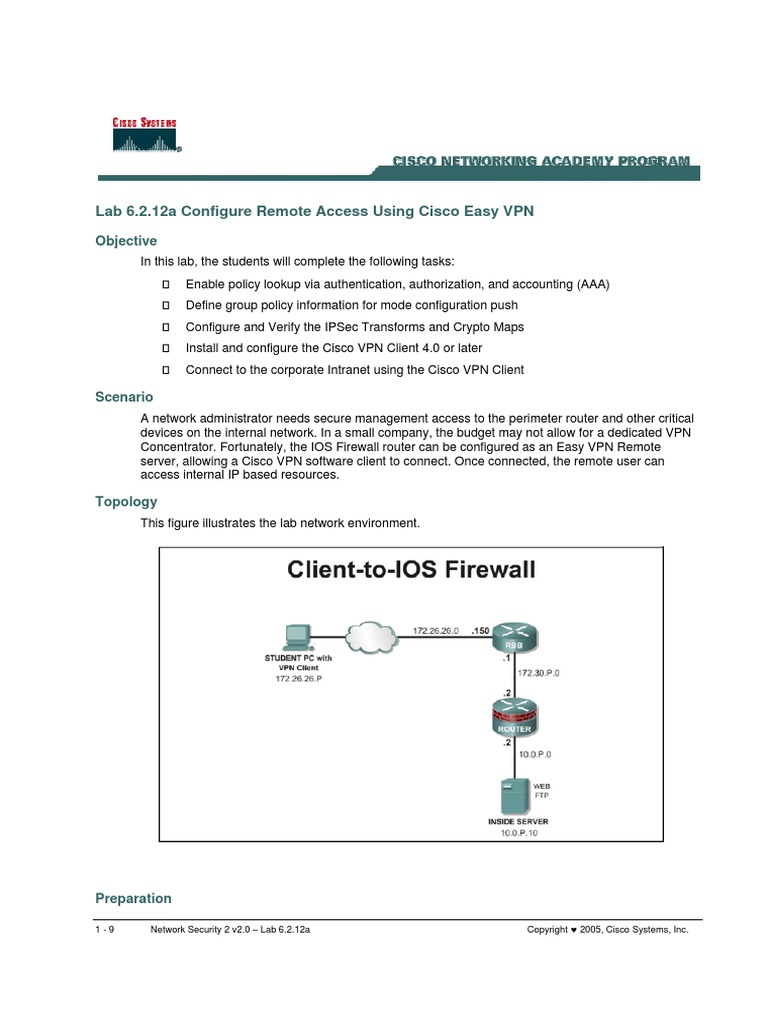 Lab 6.2.12a Configure Remote Access Using Cisco Easy VPN: Objective | PDF |  Virtual Private Network | Radius