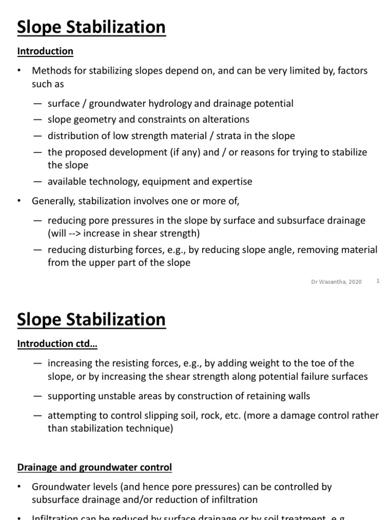 Slope Stabilization Techniques Overview | PDF | Drainage | Deep Foundation