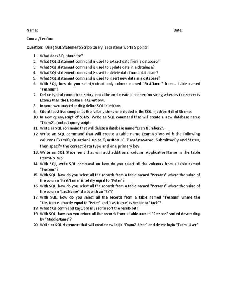 Question: Using SQL Statement/Script/Query. Each Items Worth 5 Points | PDF