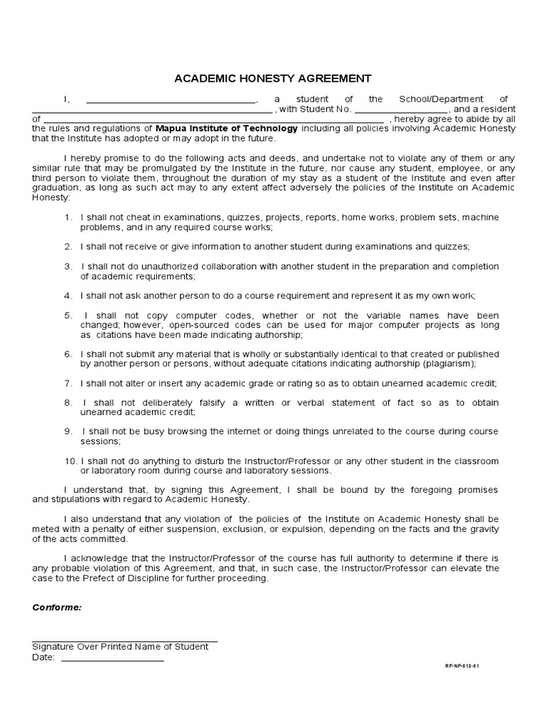 Academic Honesty Agreement: Conforme | PDF | Academic Dishonesty ...
