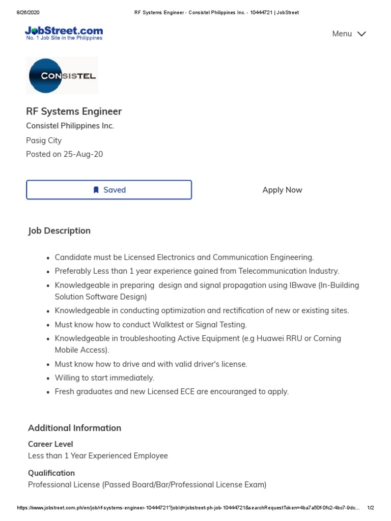 RF Systems Engineer - Consistel Philippines Inc. - 10444721 - JobStreet ...