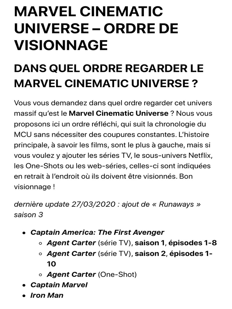 Marvel Ordre De Visionnage MARVEL CINEMATIC UNIVERSE - ORDRE DE VISIONNAGE - L'Univers Des Comics |  PDF | Marvel Comics | Personnages de Marvel Comics