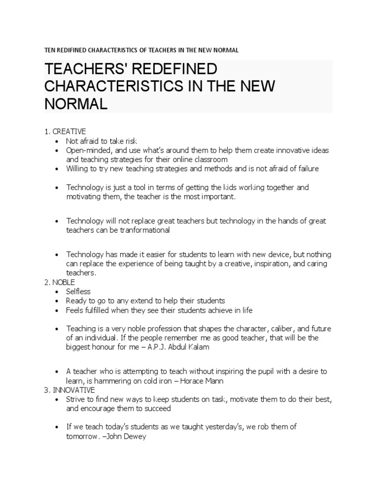 Ten Redifined Characteristics of Teachers in The New Normal