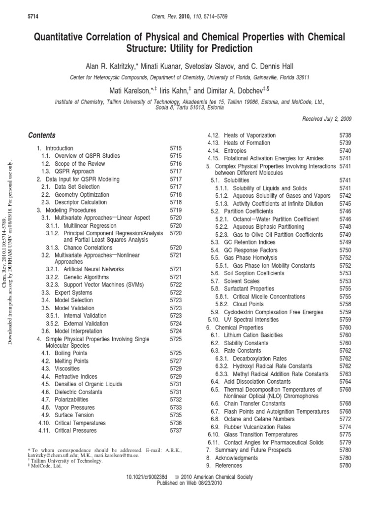 Quantitative Correlation Of Physical And Chemical Properties With Chemical Structure Utility For Prediction Pdf Quantitative Structure Activity Relationship Physical Chemistry