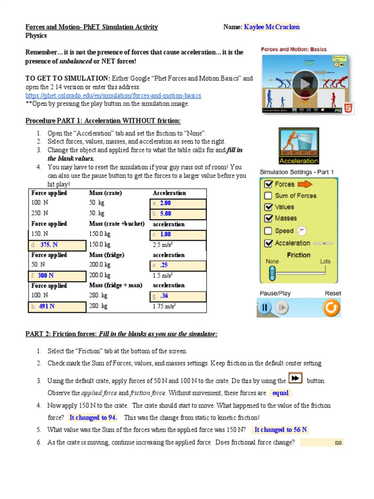 PhET Forces and Motion Lab Guide | PDF