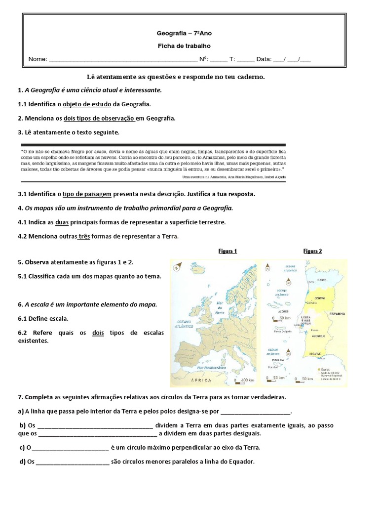 Ficha de Trabalho - Geografia - 7 Ano | PDF | Terra | Geografia
