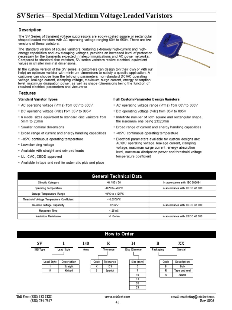 SV Series Special Medium Voltage Leaded Varistors Description PDF