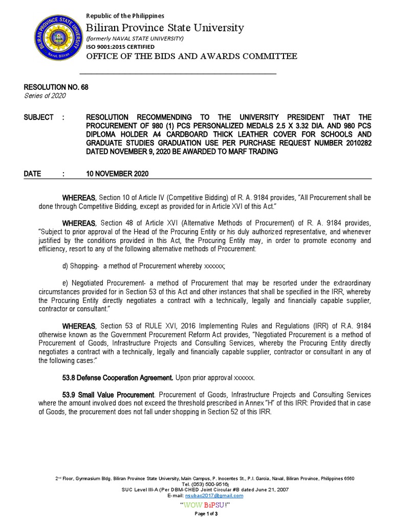 Biliran State University Procurement Resolution | PDF | Procurement ...