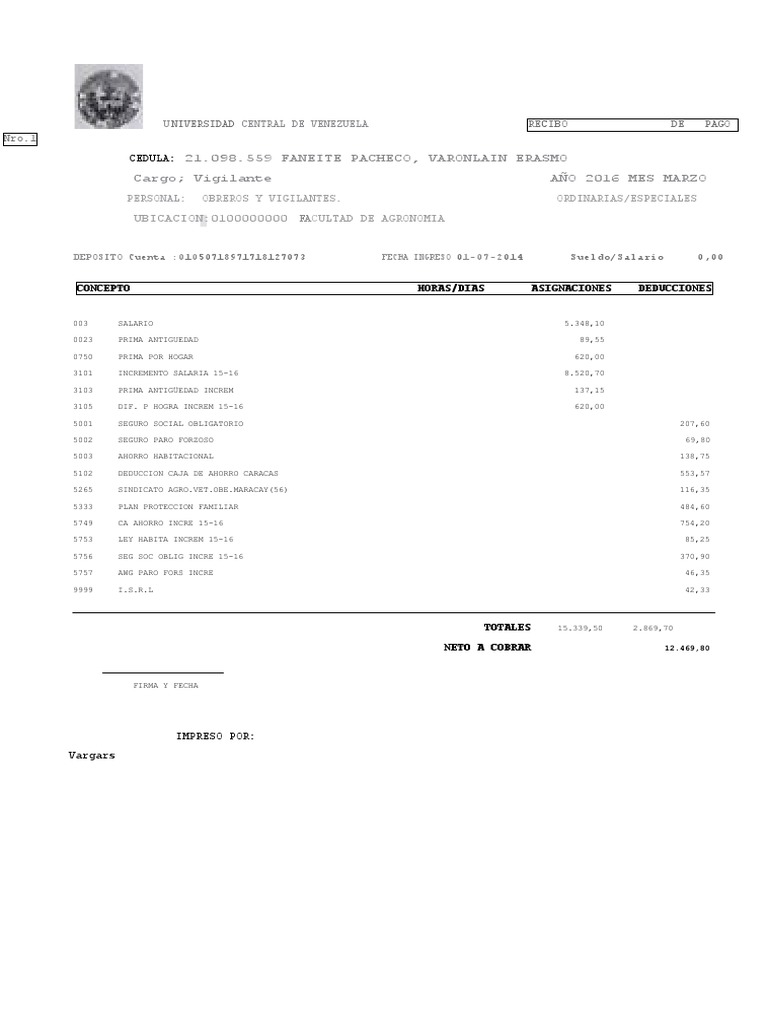 Universidad Central de Venezuela Recibo de Pago Nro | PDF | Gastos