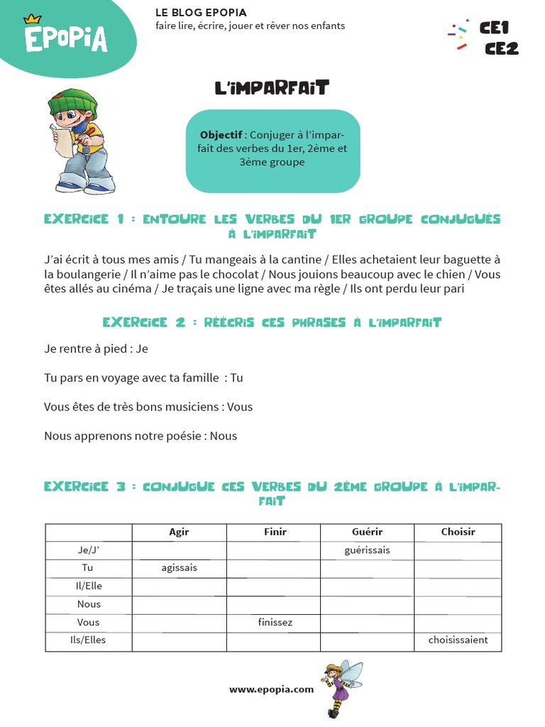 L imparfait Des Verbes Du 2ème Groupe Exercices Pdf Fiche Conjugaison CE1-CE2 - L - Imparfait | PDF | Verbe | Relations  syntaxiques