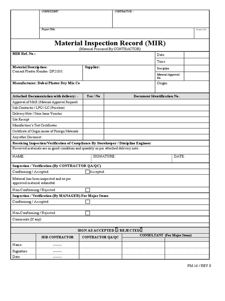 Material Inspection Record for Cement Plaster | PDF | Business Process ...