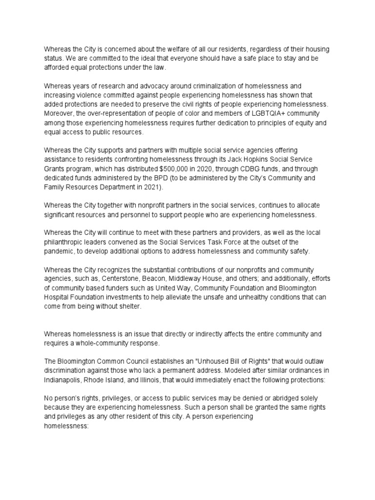 Bloomington Unhoused Bill of Rights | PDF | Homelessness | Emergency