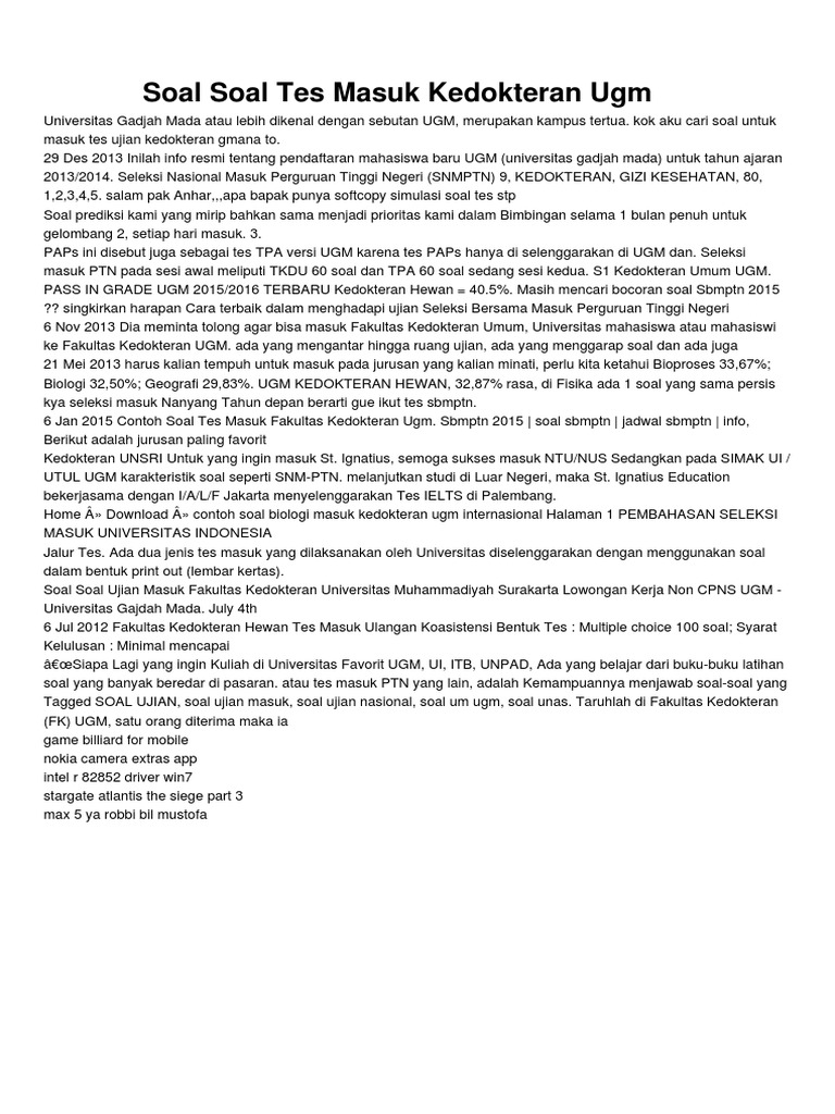 Soal Soal Tes Masuk Kedokteran Ugm