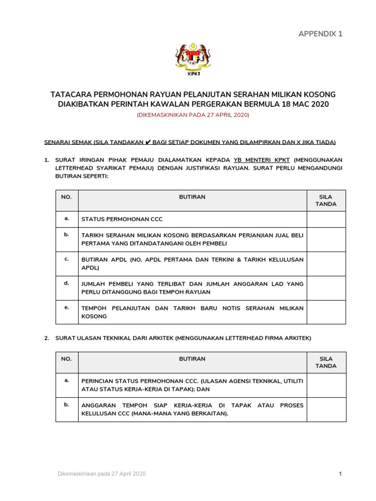 TATACARA PERMOHONAN RAYUAN PELANJUTAN SERAHAN MILIKAN KOSONG BY 