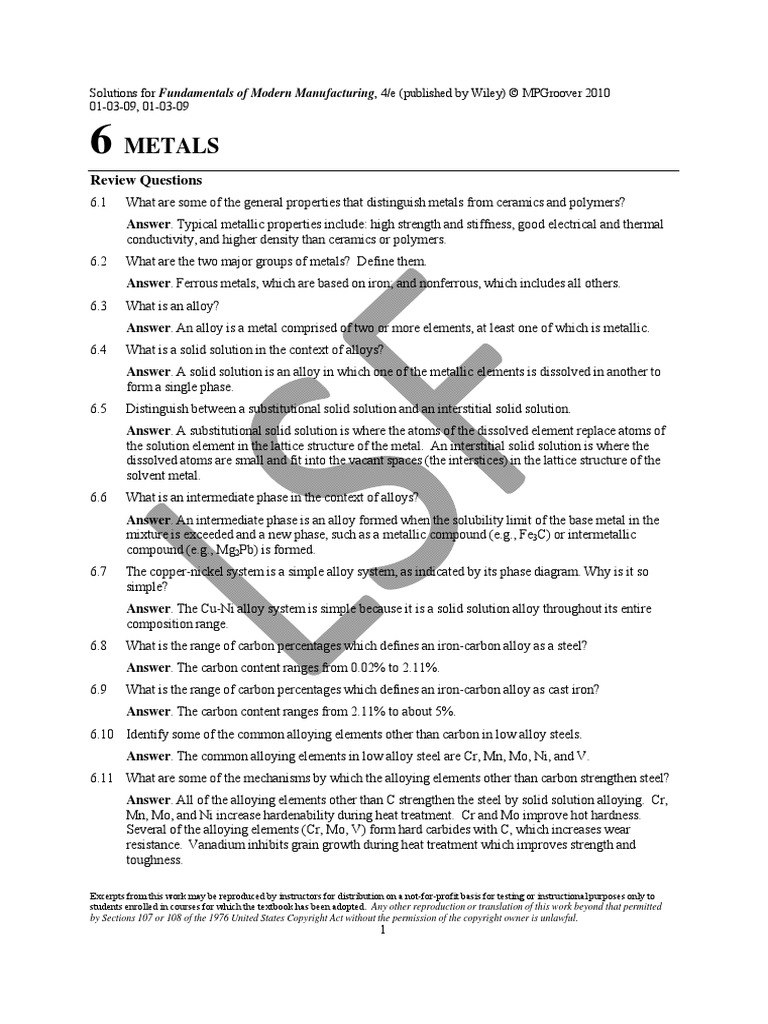 Metals Review Questions PDF Alloy Steel
