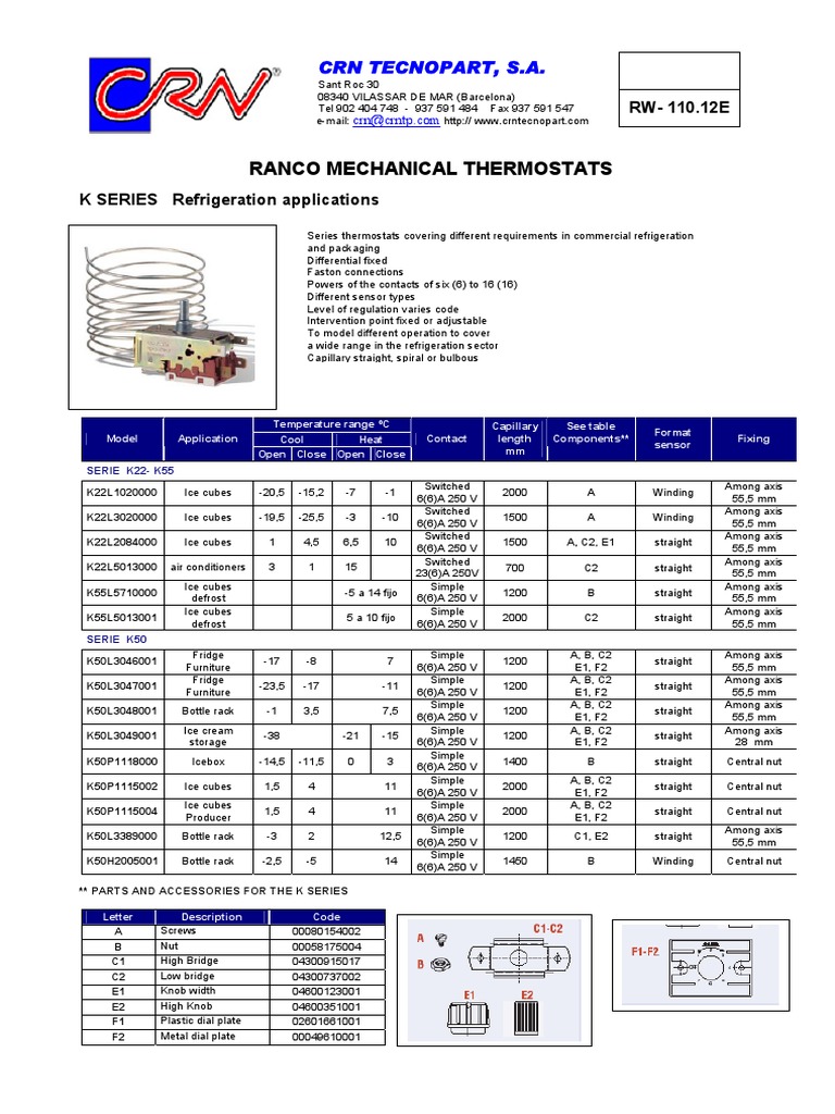 Ranco Mechanical Thermostats CRN Tecnopart, S.A PDF Thermostat