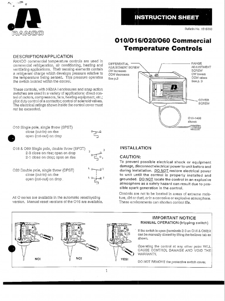 O10/O16/O20/O60 Commercial Temperature Controls: Instruction Sheet ...