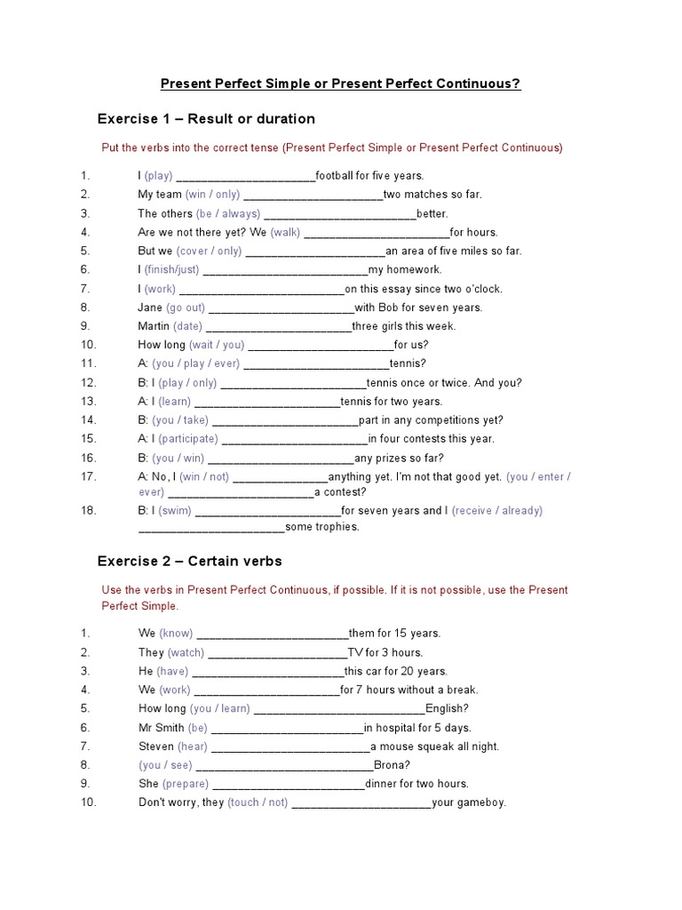 Present Perfect Simple vs Continuous Exercises | PDF | Perfect (Grammar)