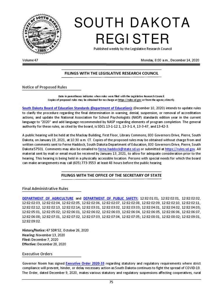 South Dakota Register Filings With The Legislative Research Council PDF Government Public Law