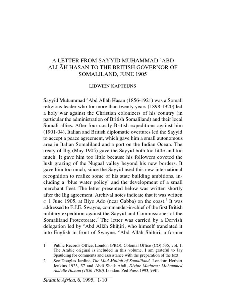 A Letter From Sayyid Mu Ammad Fiabd All H Asan To The British Governor Of Somaliland June 1905