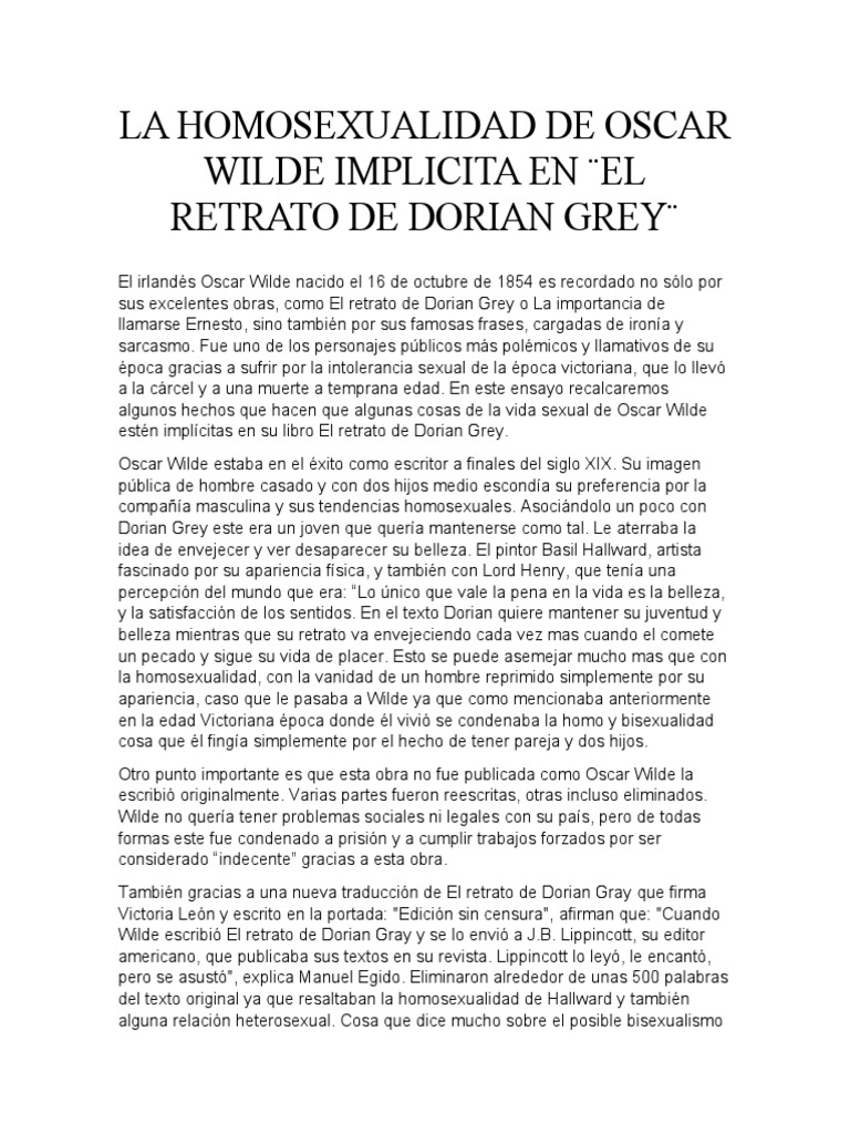 La Homosexualidad de Oscar Wilde Implicita en El Retrato de Dorian Grey ...
