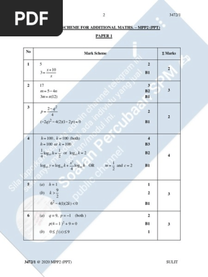 Skema Matematik Tambahan K1 Terengganu Mpp2 Spm 2020 Pdf Equations Mathematical Objects